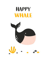 happy whale card isolated on white, scandinavian illustration
