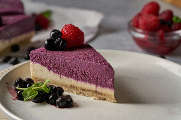 raw vegan double-layer cake with black currant on a light gray background under a concrete texture. Healthy eating, delicious dessert without baking