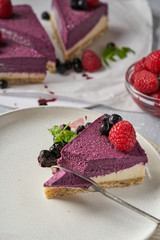 raw vegan double-layer cake with black currant on a light gray background under a concrete texture. Healthy eating, delicious dessert without baking