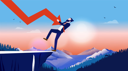 Financial loss - man pushed by downward arrow on cliff. Business bankruptcy, failure, recession and crisis concept. Vector illustration.