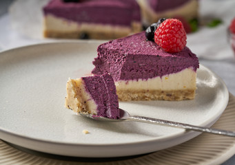 raw vegan double-layer cake with black currant on a light gray background under a concrete texture. Healthy eating, delicious dessert without baking
