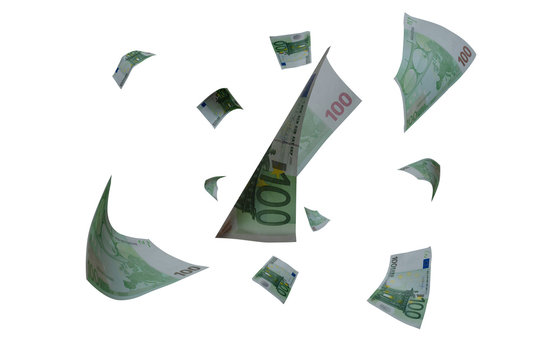 Large Number of Flying 100 Euro Banknotes in the Air Falling. High Detail image on white background