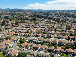 Aerial view of residential subdivision house during sunny day in Torrey Higlands, San Diego, California, USA