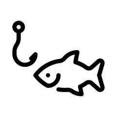 Fishing icon in line style. Hook and fish symbol illustration. Catching with bait, hunting, fish trap sign.