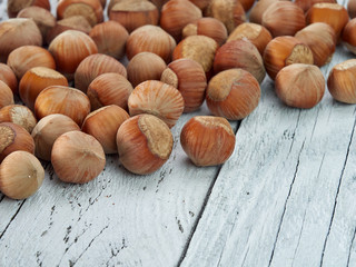 Hazelnuts lie on light wooden boards.Useful hazelnut for health.