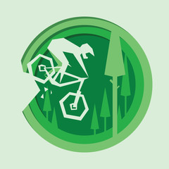 Illustration with cyclist riding a mountain bike from a mountain. Man in a full face helmet making downhill. Extreme sport, MTB. Mountain biking badge, logo.