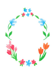 Floral frame design element. Children drawing. Pencil illustration in children's style. Сoncept of family happiness, maternity, parenthood, childhood.