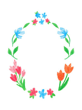 Floral frame design element. Children drawing. Pencil illustration in children's style. Сoncept of family happiness, maternity, parenthood, childhood.
