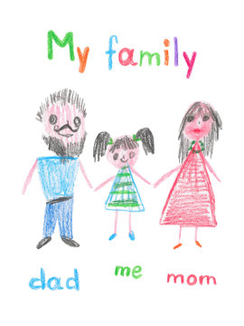 Family portrait, mother, father, sister, holding hands and smiling. Children drawing. Pencil illustration in children's style. Сoncept of family happiness, maternity, parenthood, childhood.