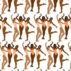 Vector  pattern with hand drawn illustration of girls  in swimsuits.   Creative artwork.  Template for card, poster, banner, print for t-shirt, pin, badge, patch.