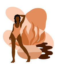 Vector  hand drawn illustration of girl  in swimsuit.   Creative artwork.  Template for card, poster, banner, print for t-shirt, pin, badge, patch.