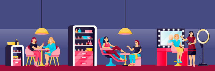 Girls do manicure, pedicure, makeup in beauty salon in beauty salon. Vector illustration. Female fashion beauty concept