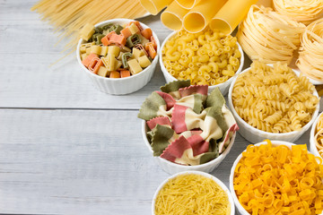 Different varieties of dry pasta and its various types.
