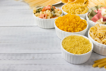 Different varieties of dry pasta and its various types.
