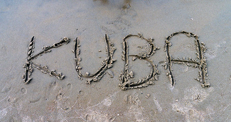Imię męskie "Kuba" napisane na piasku na plaży. Słowo Kuba oznacza też nazwę kraju - Kuba. Napis na piasku, zrobiony patykiem.