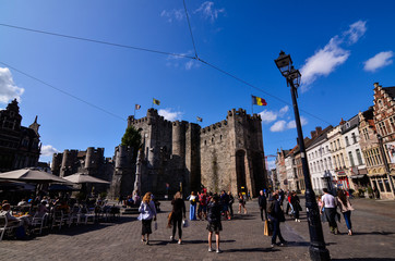 Ghent, Belgium, August 2019. The Gravensteen is the castle of the counts of Flanders. Protected by...