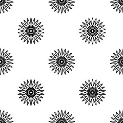 Spring floral seamless pattern on white background. Black and white vector illustration. Black abstract flower with long petals. Coloring for creativity.