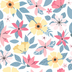 Fototapeta premium Modern doodle floral seamless pattern. Spring simple flowers with leaves. Colorful flowers pattern on white. flat simple retro vintage colorful vector. Seamless pattern vector eps10