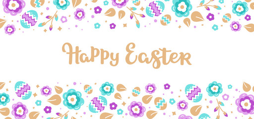 Happy Easter background with branches, flowers and Easter eggs. Vector illustration in modern style