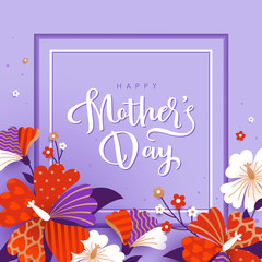 Happy Mothers day greeting card with white and red flowers. Vector illustration in a modern style