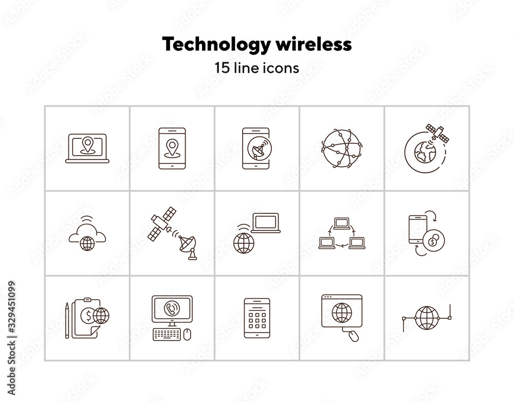 Poster technology wireless thin line icon set. interconnection web, flow information, broadcast isolated si