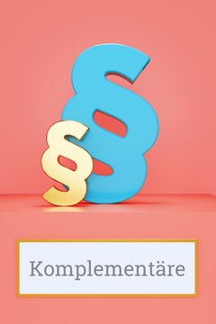 Komplement&auml;re. Begriff auf Schild. Pr&auml;sentation von Paragrafen auf Podest in Museum. Symbol f&uuml;r Recht, Gesetz, Urteil. Rosa Hintergrund