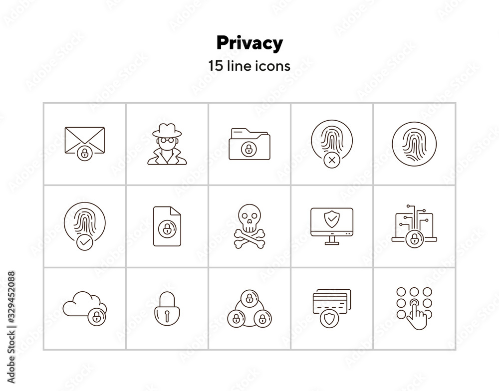 Poster privacy line icons. set of line icons. cloud with padlock, screen with shield. internet security con
