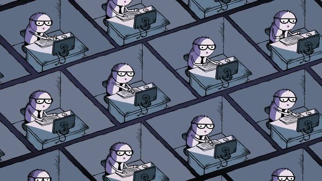 Cartoon busy office employees in cubicles. Coloured dark version. Workers in a big office. They are working all day with no break. Seamles loop of futuristic society, artificial intelligence metaphor.