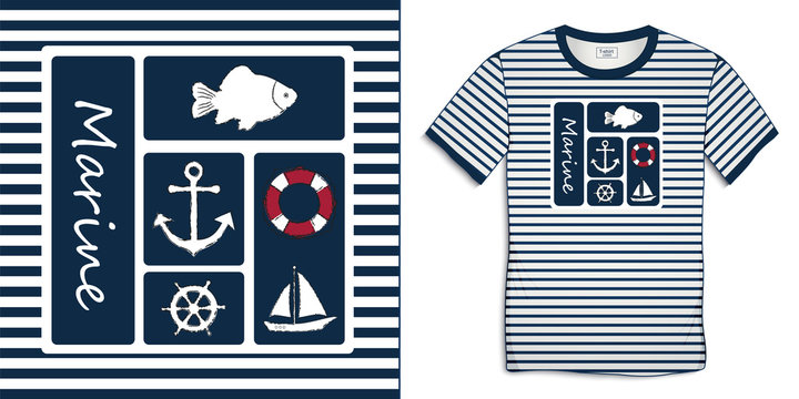 Print on t-shirt graphics design sailor stripes, nautical icons collections anchor, fish carp, sailing boat, rudder, lifebuoy, isolated on white background vector
