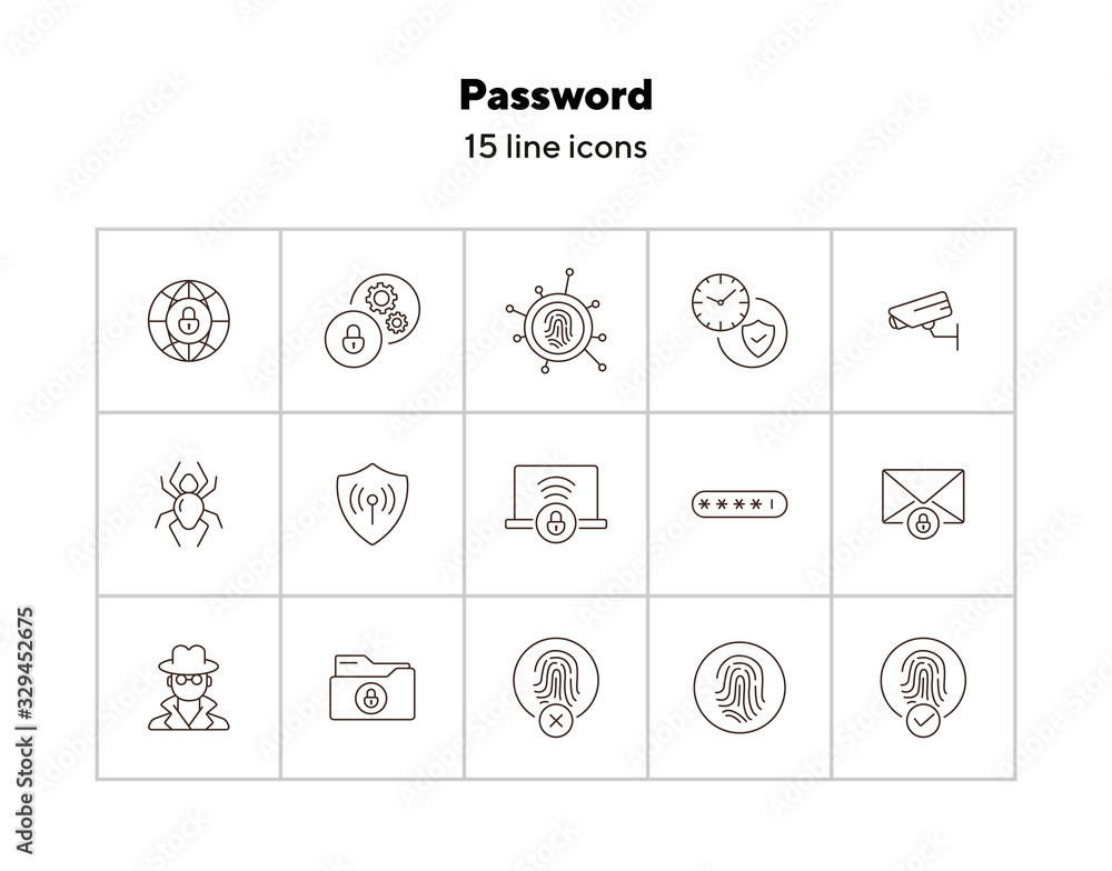 Poster password line icons. set of line icons. cloud with padlock, fingerprint. internet security concept. 