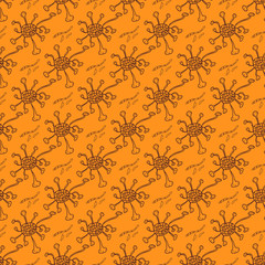 Seamless dark patterns of viruses and germs on a bright orange background. Linear contour icons in doodle style. Hand-drawn vector illustration