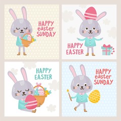 Easter day greeting card set. Illustration with sweet hare. Easter eggs and other holiday elements.
