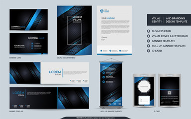 Modern blue stationery mock up and visual brand identity set.