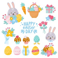 Set of Easter day. Illustration with sweet hare, easter eggs, spring bouquet, Easter cakes and other holiday elements.