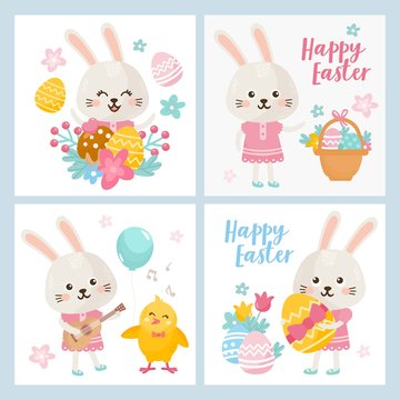 Easter day greeting card set. Illustration with sweet hare and chicken. Easter eggs and other holiday elements.