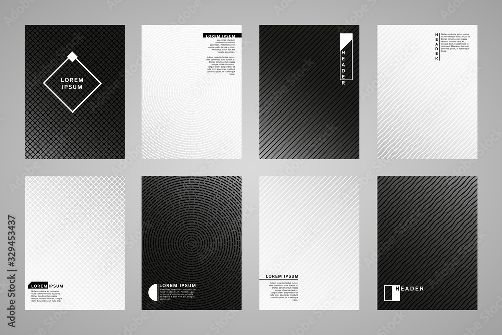 Poster set, collection of flat minimal black and white gradient backgrounds with geometric patterns. dynami