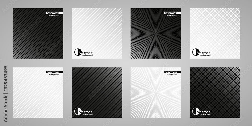 Poster set, collection of flat minimal black and white gradient backgrounds with geometric patterns. dynami