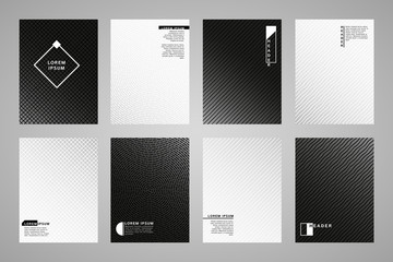 Set, collection of flat minimal black and white gradient backgrounds with geometric patterns. Dynamic diagonal stripes, wavy streaks, plaid texture. Rectangle cover, business folder, poster design.