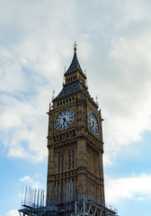 Fototapeta na wymiar Big Ben in London against the sky, clock restoration, Gothic architecture,