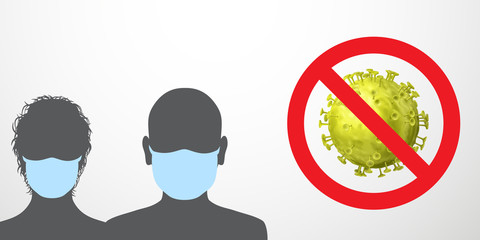 Coronavirus warning illustration. Prohibition sign - crossed out virus and black silhouettes of people in light blue medical masks