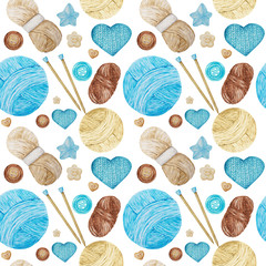 Watercolor Seamless pattern Hobby Knitting. Collection of hand drawn light blue, beige, brown colors elements of knitting needles, knitted heart and buttons on white background