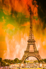 Paris and the Eiffel Tower on fire, symbolic of global warming and the end of the world