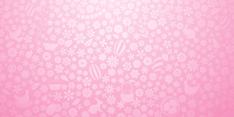 Background of small flowers and eggs, cake, hare, hen, chicken and other Easter symbols in pink colors