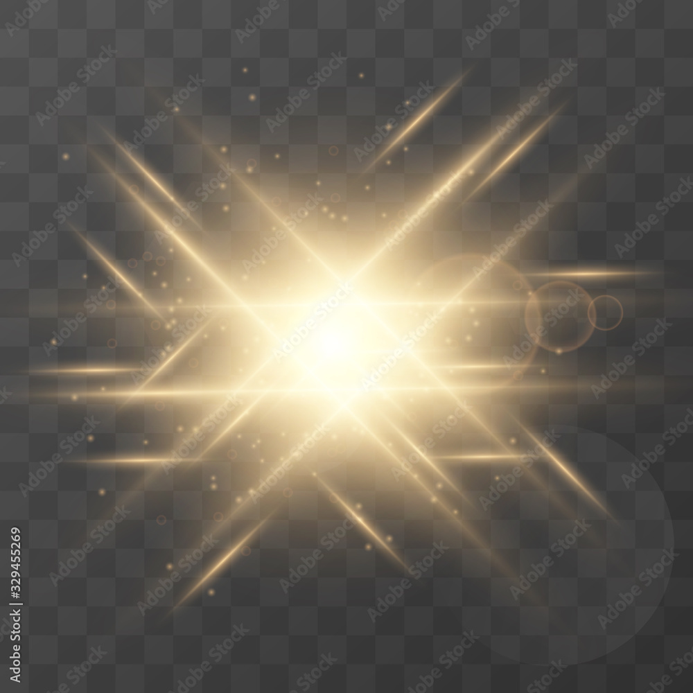Wall mural star burst with dust and sparkle. magical glow light effect with rays and shine particles on a trans