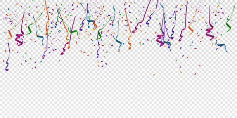 Colorful bright confetti isolated on transparent background. Festive background for your postcard design, flyer, poster, discount card