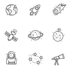 Set of astronomy doodle icons in cute hand drawn design isolated on white background 