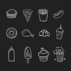 Fast food. Set of vector illustrations of fast food. Set of linear illustrations in doodle style.
