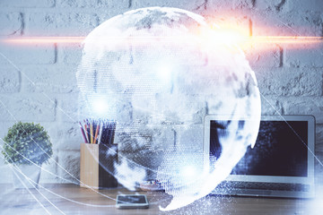 Double exposure of business theme icons and work space with computer background. Concept of success.