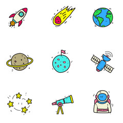 Set of space doodle icons in cute colorful hand drawn design isolated on white background 
