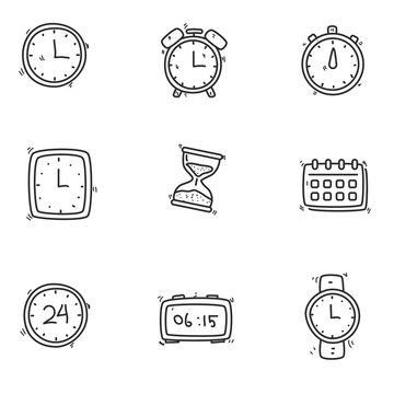 Set of clock icons in cute doodle design isolated on white background 